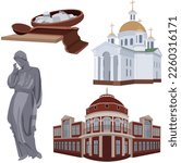 Ukrainian monuments in the city of Poltava. Monument to Marusi Churai; monument to Poltava galushkas; state archive of Poltava region; Temple of Faith, Hope, Love and their mother Sophia.