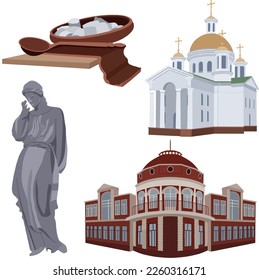 Ukrainian monuments in the city of Poltava. Monument to Marusi Churai; monument to Poltava galushkas; state archive of Poltava region; Temple of Faith, Hope, Love and their mother Sophia.