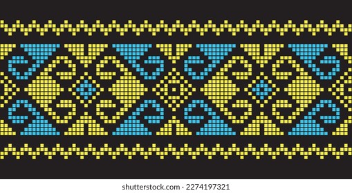 Ukrainisches Mosaik, Pixelkunst-Muster. Tile Ornamente in gelben und blauen Farben auf schwarzem Hintergrund. Ukrainisches Mosaik, Vektorschmuck, Grenze.