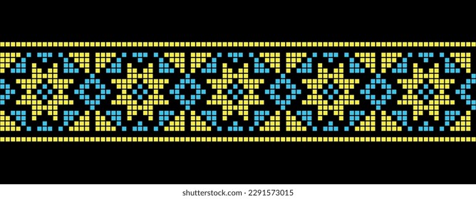 Ukrainian mosaic, pixel art pattern. Tile ornament in yellow and blue colors on black background. Ukrainian mosaic vector ornament, border.