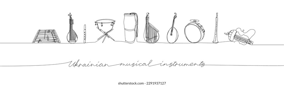 Ukrainian musical instruments set one line art. Continuous line drawing of big drum, kozobas, kobza, sopilka, tulumbas, buhai, buhalo, bandura, tsymbaly, dulcimer with an inscription, lettering.