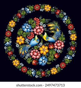 Ukrainian national artistic style "Petrykiv painting" for a plate. Floral pattern. Scandinavian style. The concept of ecological agriculture, farming and poultry farming on a round black background.