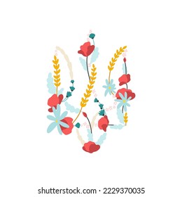 Ukrainian national coat of arms from traditional flowers. Symbol of Ukraine. Vector illustration in simple hand drawn style. Isolate on a white background in pastel colors