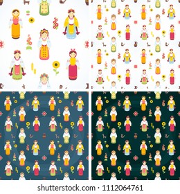 Ukrainian national costumes. Vector icons. Ukrainian characters. Seamless background