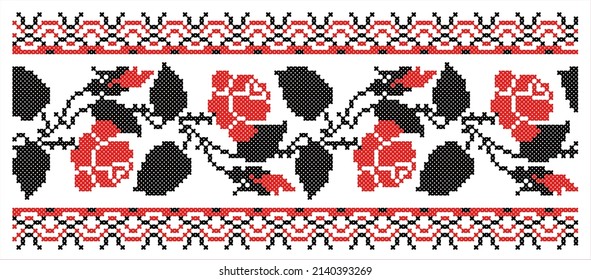 Ukrainian national cross-stitch vector ornament scheme of roses with frame. Black and red illustration