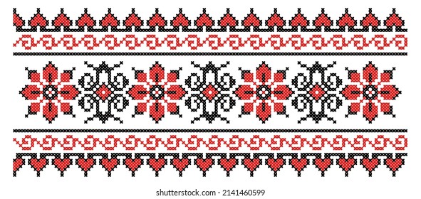 Ukrainian national cross-stitch vector ornament scheme of flowers. Black and red illustration