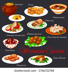 Ukrainian national cuisine dishes restaurant menu vector set. Borscht and deruny, buckwheat bread, vegetable salad, pumpkin buns, chicken Kiev cutlet, mutton stew and stuffed peppers