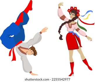 Ukrainian national dance hopak. A girl and a guy are dancing a dance in national Ukrainian costumes.