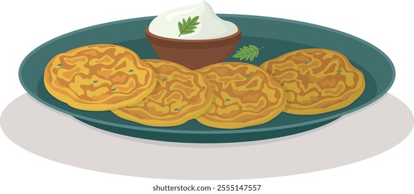 Ukrainian national dish deruny or potato pancakes with a sour cream on the plate. Flat illustration with tasty traditional food	