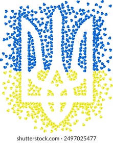 Ukrainian national emblem trident tryzub shape illustration for Ukrainian Independence Day greeting card with many scattering blue and yellow hearts on transparent background