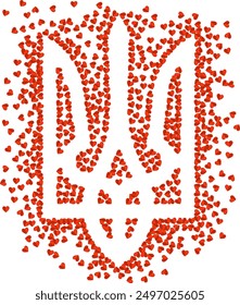 Ukrainian national emblem trident tryzub shape illustration for Ukrainian Independence Day greeting card with many scattering red hearts on transparent background