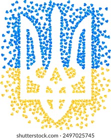 Ukrainian national emblem trident tryzub shape illustration for Ukrainian Independence Day greeting card with many scattering hearts in Ukrainian flag colors