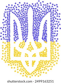 Ukrainian national emblem trident tryzub shape illustration for Ukrainian Independence Day greeting card with many scattering blue and yellow stars on transparent background