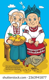 Ukrainian national fairy tale about the hen and the golden egg. Grandfather and Grandmother cartoon. Family vector. Ukrainian folklore. Village illustration.