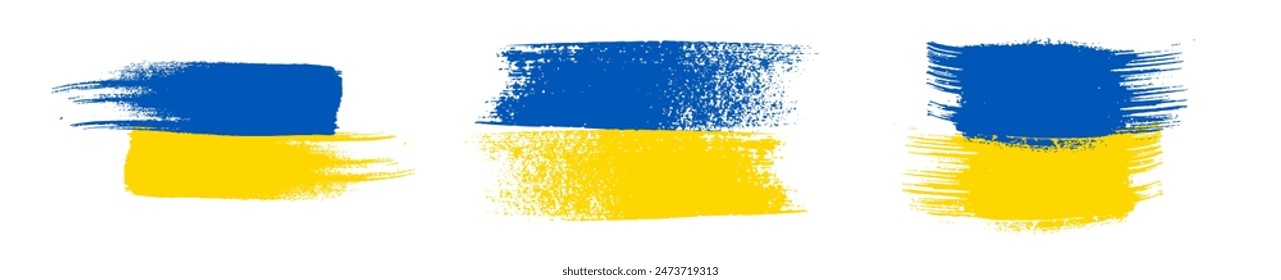 Ukrainian national flag in grunge style. Set of painted with a brush stroke flags of Ukraine. Vector illustration