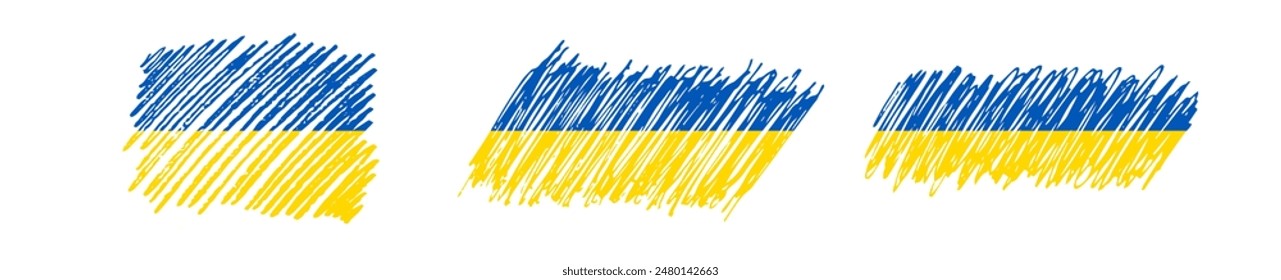 Ukrainian national flag in grunge style. Set of drawn by pen flags of Ukraine. Vector illustration