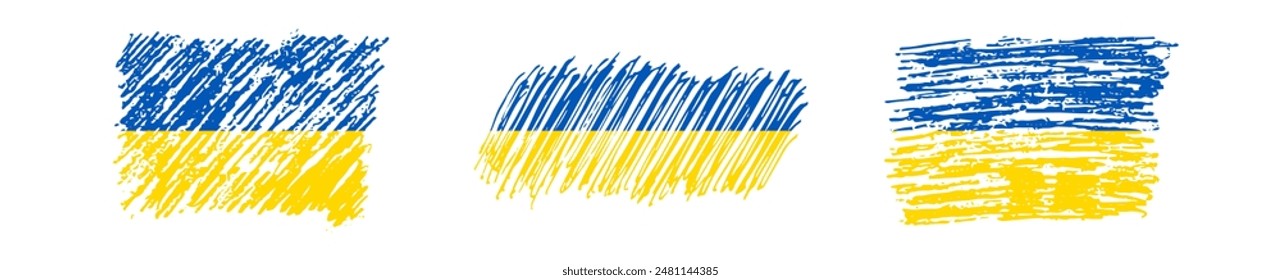 Ukrainian national flag in grunge style. Set of drawn by pen flags of Ukraine. Vector illustration