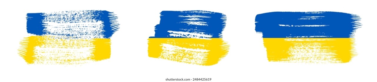 Ukrainian national flag in grunge style. Set of painted with a brush stroke flags of Ukraine. Vector illustration