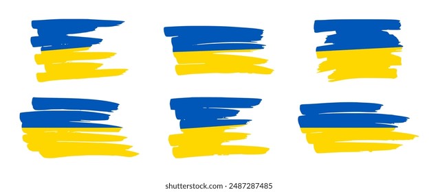 Ukrainian national flag in grunge style. Set of painted with a brush stroke flags of Ukraine. Vector illustration