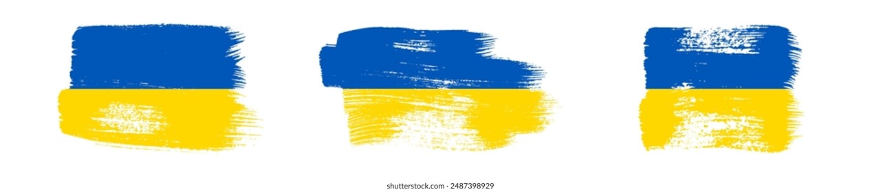 Ukrainian national flag in grunge style. Set of painted with a brush stroke flags of Ukraine. Vector illustration