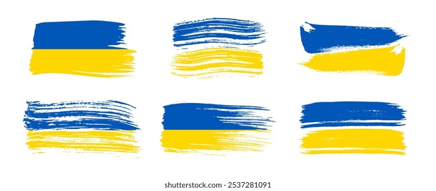 Ukrainian national flag in grunge style. Set of painted with a brush stroke flags of Ukraine. Vector illustration