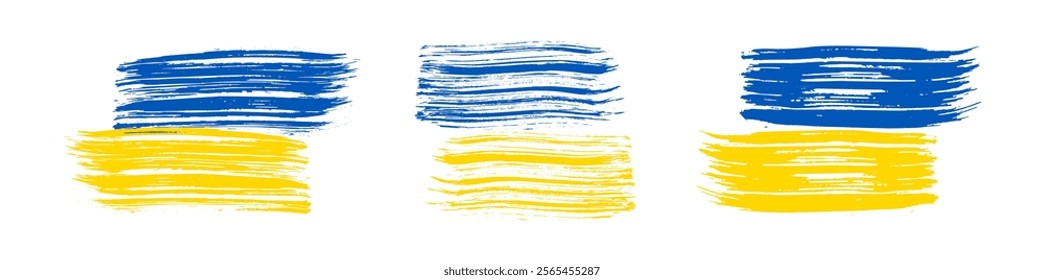 Ukrainian national flag in grunge style. Set of painted with a brush stroke flags of Ukraine. Vector illustration