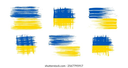 Ukrainian national flag in grunge style. Set of painted with a brush stroke flags of Ukraine. Vector illustration