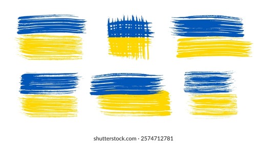 Ukrainian national flag in grunge style. Set of painted with a brush stroke flags of Ukraine. Vector illustration