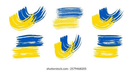 Ukrainian national flag in grunge style. Set of painted with a brush stroke flags of Ukraine. Vector illustration