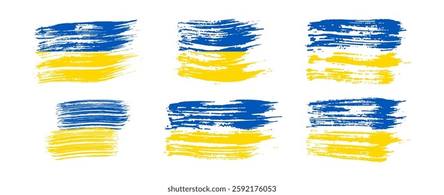 Ukrainian national flag in grunge style. Set of painted with a brush stroke flags of Ukraine. Vector illustration