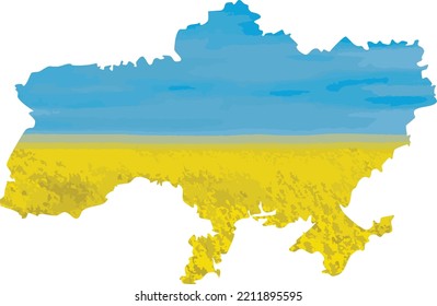 Ukrainian national flag vector icon in the shape of Ukrainian map with landscape of Blue sky and yellow flower field in Ukraine flag colours.