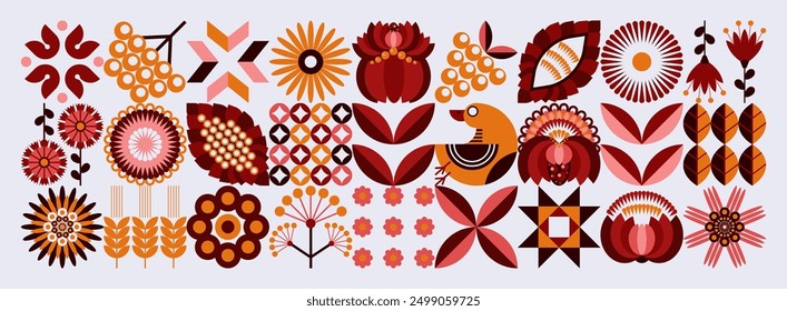 Ukrainian national style "Petrykiv painting". Floral pattern in white-red tones. Scandinavian style. Abstract geometric agricultural illustration