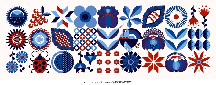 Ukrainian national style "Petrykiv painting". Floral pattern in white-blue tones. Scandinavian style. Abstract geometric agricultural illustration