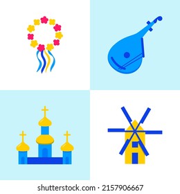 Ukrainian national symbols icon set in flat style. Windmill, christian church, floral wreath and bandura symbols. Vector illustration.