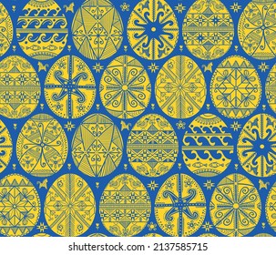 Ukrainian ornament in blue and yellow colors. Vector pattern with pysanky. Ukrainian pattern. Ukrainian easter eggs. Eggs with traditional ukrainian folk ornament. Blue and yellow easter. Easter decor