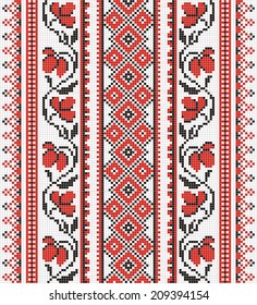 Ornamento ucraniano con elementos rojos y negros sobre fondo blanco
