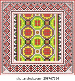 Ukrainian ornament with red and black elements on the white background