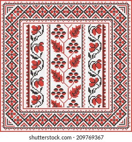 Ukrainian ornament with red and black elements on the white background