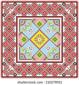 Ukrainian ornament with red and black elements on the white background