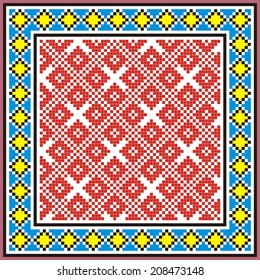 ukrainian ornament with red and blue elements on the white background