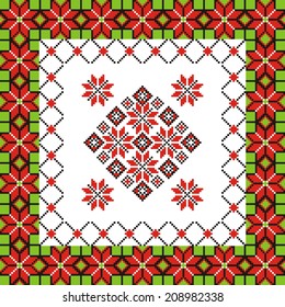 Ukrainian ornament with red and green elements on the white background