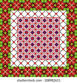 Ukrainian ornament with red and green elements on the white background