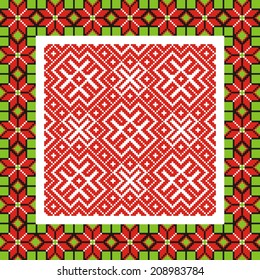 Ukrainian ornament with red and green elements on the white background