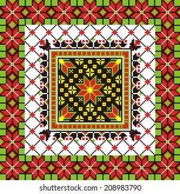 Ukrainian ornament with red and green elements on the white background