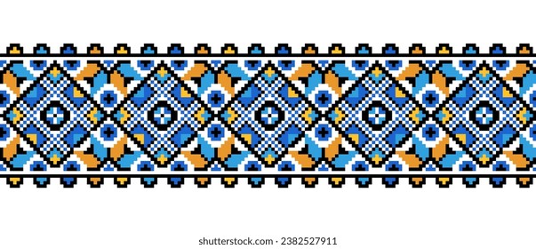 Ukrainian ornament for textile, fabric, cloth. Vector seamless pattern, print. Ukrainian folk, ethnic ornament in yellow and blue colors. Pixel art, vyshyvanka, cross stitch.