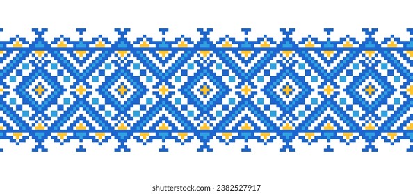 Ukrainian ornament for textile, fabric, cloth. Vector seamless pattern, print. Ukrainian folk, ethnic ornament in yellow and blue colors. Pixel art, vyshyvanka, cross stitch.