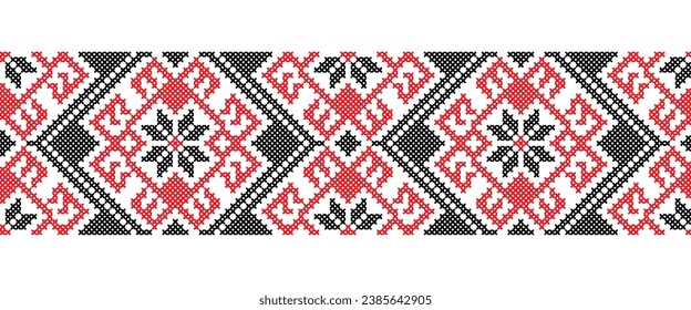 Ukrainian ornament for textile, fabric, cloth. Vector seamless pattern, print. Ukrainian folk, ethnic ornament. Pixel art vyshyvanka, cross stitch.