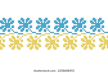 Ukrainian patriotic floral pattern in yellow and blue colors. Vector ornament, border, pattern. Ukrainian folk, ethnic embroidery. Pixel art, vyshyvanka, cross stitch.