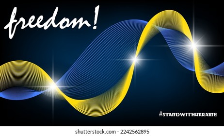 Ukrainian patriotic poster. Flashes of light, intertwining blue and yellow wavy lines, white lettering on a dark background. Template for your projects. Vector.