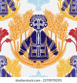 Ukrainian pattern. Motanka, wheat, poppy, poultry. Vector seamless pattern	
